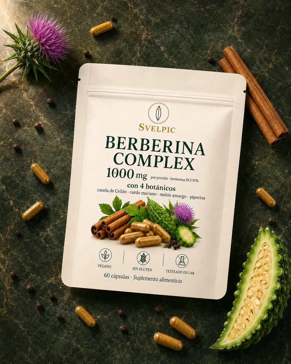 Berberina Complex con sus botánicos: canela, cardo mariano, melón amargo y pimienta
