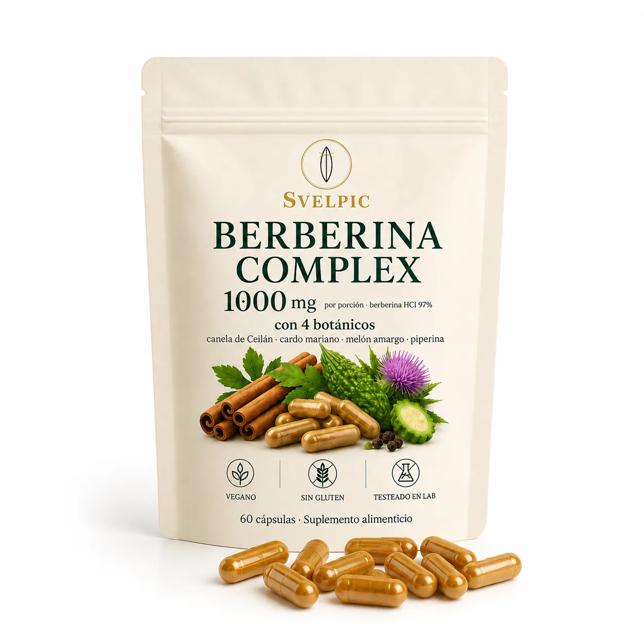Cápsulas veganas de SVELPIC Berberina Complex junto al frasco